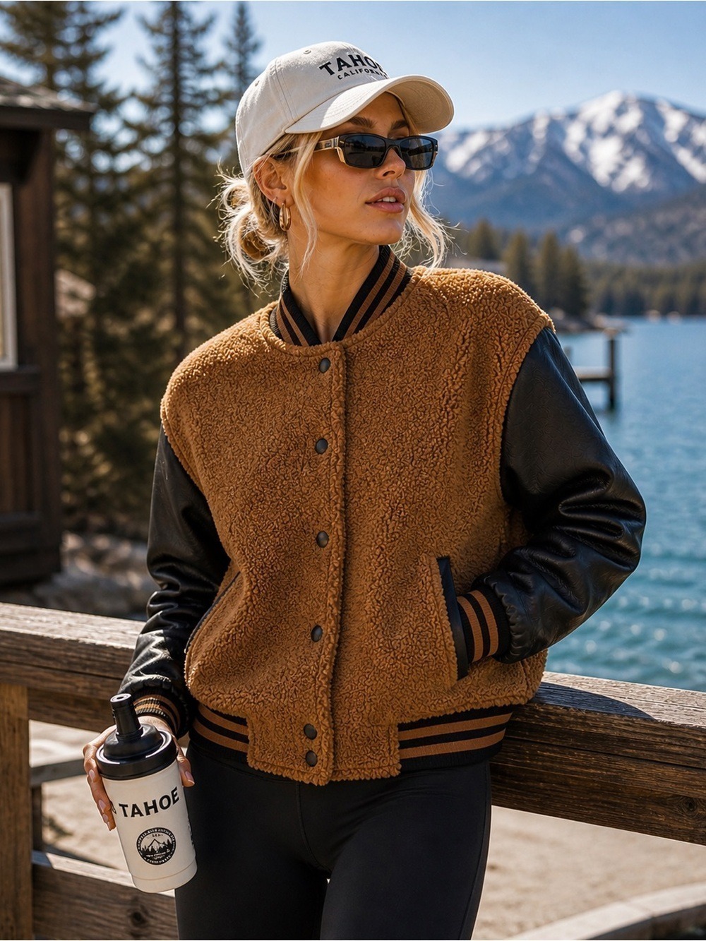 Teddy Varsity Jacket Faux Leather Sleeves Brown Cropped Bomber S